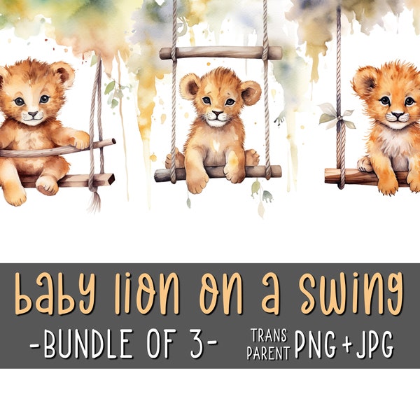 Baby Lions on a Swing, Bundle of 3, Cute Lion Cub Clipart, Animal Wall Art, Nursery Room Decor, Watercolor, Sublimation, Printables, AI Art