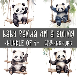 Baby Pandas auf Schaukel, 4er Set, süßes Panda Cub Clipart, Tier Wandkunst, Kinderzimmer, Aquarell, Sublimation, Printables, AI Art