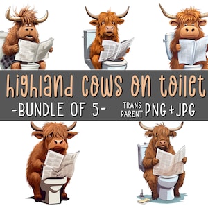 Highland koeien op toilet, bundel van 5, grappige dieren clipart, koe kunst aan de muur, grappige badkamer print, dierlijke humor, sublimatie, afdrukbare, AI kunst