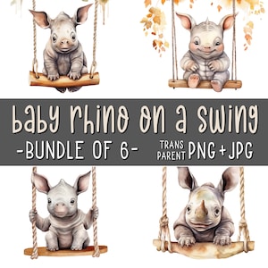 Baby Rhinos on a Swing, Bundle of 4, Cute Rhino Clipart, Animal Wall Art, Nursery Room Decor, Watercolor, Sublimation, Printables, AI Art