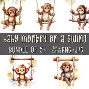 Baby Monkeys on a Swing, Bundle of 5, Cute Monkey Clipart, Animal Wall Art, Nursery Room Decor, Watercolor, Sublimation, Printables, AI Art