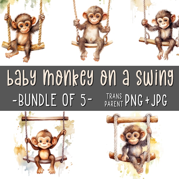 Baby Monkeys on a Swing, Bundle of 5, Cute Monkey Clipart, Animal Wall Art, Nursery Room Decor, Watercolor, Sublimation, Printables, AI Art