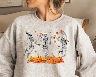Dancing Skeleton Sweatshirt, Pumpkin Sweater, Pumpkin Skeleton Shirt, Fall Sweatshirt, Halloween Party Sweatshirt, Spooky Season Sweatshirt