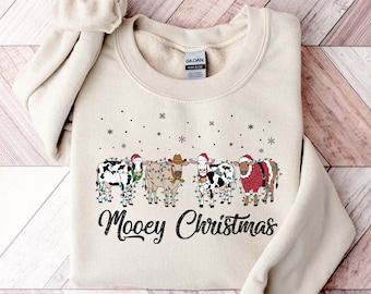 Sudadera navideña de vaca, regalo para amantes de las vacas, camiseta navideña divertida, suéter navideño, camiseta navideña de granja, camiseta de vaca para mujer, cuello redondo navideño