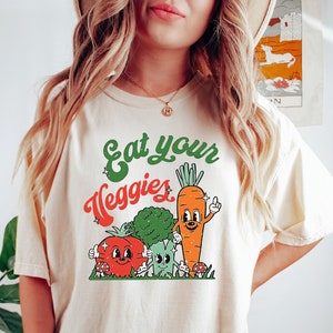 Camiseta gráfica retro Eat Your Veggies, camiseta vegana, camiseta de verduras del mercado de agricultores, camiseta vegetariana, camiseta de verduras, sudadera vegana