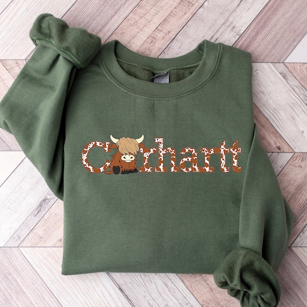 Highland Cow Sweatshirt, Carhartt Sweatshirt, Cute Cow Hoodie, Animal Lover Gift, Cow Sweatshirt, Highland Cow Crewneck, Gift for Her