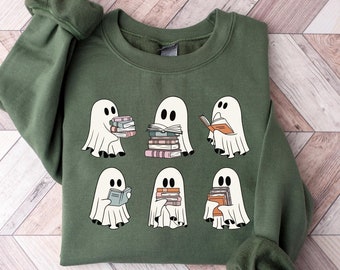 Geist Bücher Sweatshirt: Bücherwurm Halloween Rundhalsausschnitt