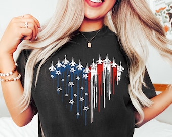 Retro Fighter Jet Airplane American Flag Heart Shirt, Air Force Flyover Shirt, 4th of July Shirt, Red White Blue Shirt,American Flag Shirt