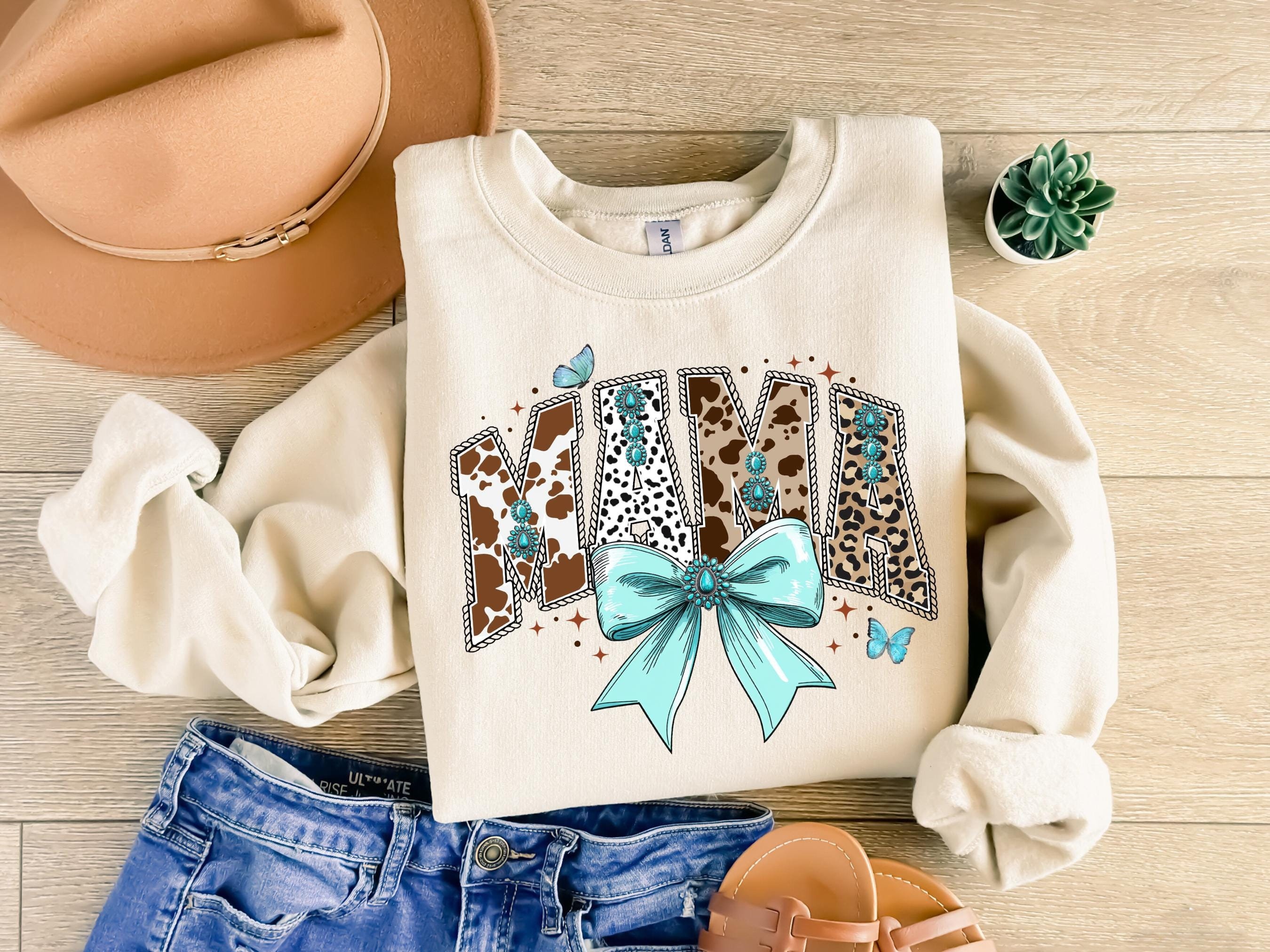 Western Mama Sweatshirt, Coquette Mama Shirt, Coquette Bow SHirt, Coquette Western Shirt, Mama Cow  Shirt, Cowhide Shirt, Turquoise Cowgirl