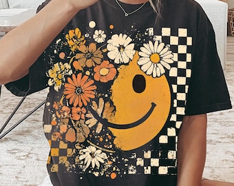 Blommigt smiley-ansikte hösttröja: Thanksgiving pumpa-tröja