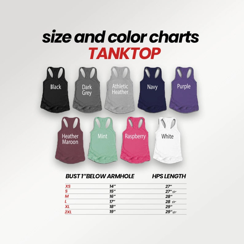 the tank top sizes are shown in different colors