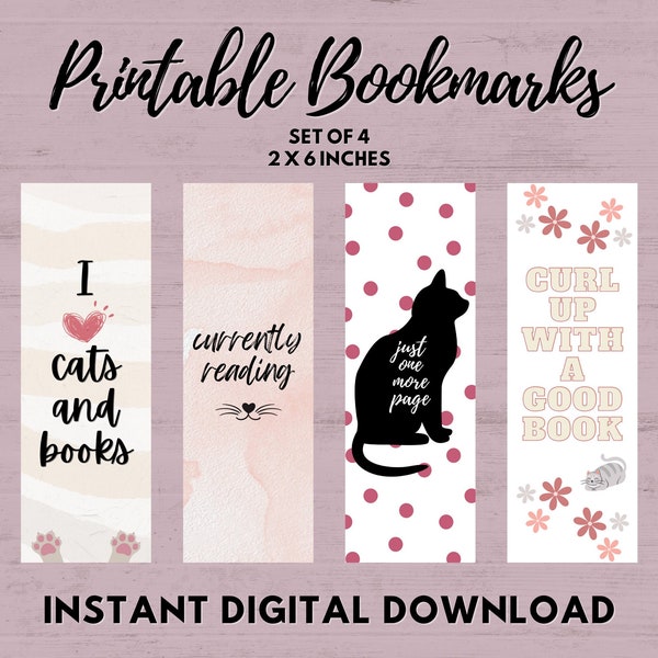Printable Cat Bookmark Set, Instant Digital PDF Bookmark Download, Cute Pink Bookmark Set, Gift for Cat Lovers, Gift for Reading Lovers