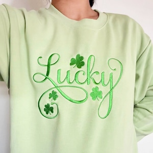 Embroidered Lucky Shamrocks Sweatshirt: St Patrick&#39;s Day Crew Neck
