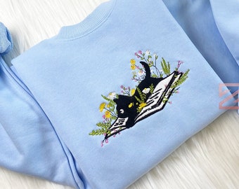 Cute Cat Lying On Book With Flower Embroidered Sweatshirt | Flower With Cat Embroidered Hoodie | Book Lover T-shirt | Crew Neck Sweatshirt