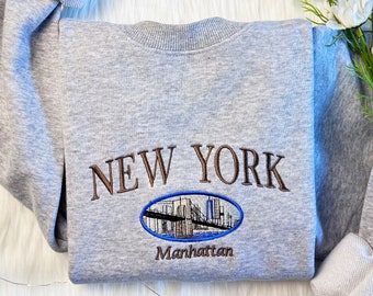 New York State Embroidered Sweatshirt | Manhattan Embroidered Hoodie | Manhattan Bridge Sweater | Embroidered State Crew Neck Sweatshirt