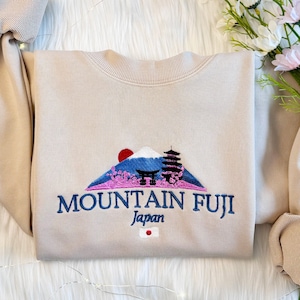 Japanese Fuji Mountain Embroidered Sweatshirt | Mountain Fuji Embroidered Hoodie | Japanese Sakura Sweater | Blossom Crew Neck Sweatshirt