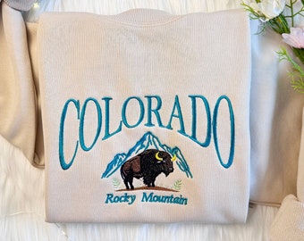 Colorado Mountain Embroidered Sweatshirt | Colorado Bison Embroidered Hoodie | Embroidered Colorado Sweatshirt | Crew Neck Sweatshirt