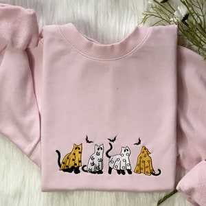 Embroidered Ghost Cats Halloween Sweatshirt, Halloween Ghost Cat Hoodie, Embroidered Sweatshirt, Embroidered Hoodie