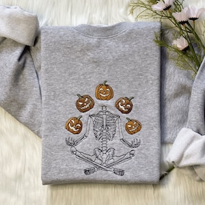 Halloween Meditation Skeleton Embroidered Sweatshirt | Throwing Pumpkin Skeleton Embroidered Hoodie |Halloween Sweater |Crew Neck Sweatshirt