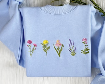 Wildflower Embroidered Sweatshirt | Pinky Flower Embroidered Hoodie | Lavender T-shirt | Cute Embroidered Flower Crew Neck Sweatshirt