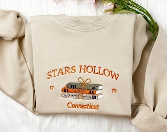 Stars HohlßßEarbeit besticktes Sweatshirt | Conneticut Buch Bestickter Hoodie | Sterne Hohlbuch T-Shirt | Sweatshirt mit Rundhalsausschnitt