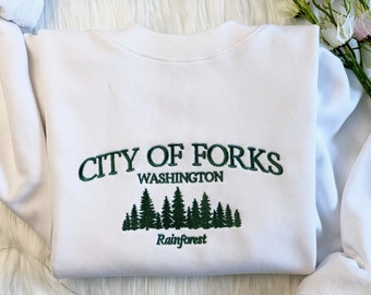 City of Forks Embroidered Sweatshirt | Washington Embroidered Hoodie | City Of Forks Washington Sweater | Forrest Crew Neck Sweatshirt