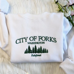 City of Forks Embroidered Sweatshirt | Washington Embroidered Hoodie | City Of Forks Washington Sweater | Forrest Crew Neck Sweatshirt