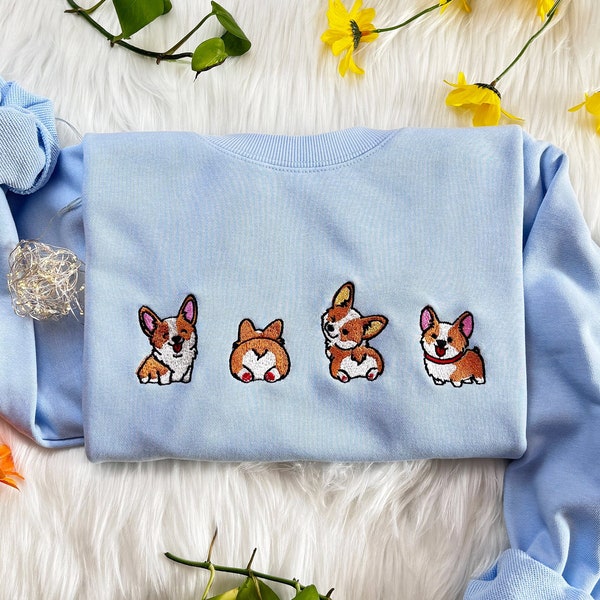 Cute Corgi Dog Embroidered Sweatshirt | Cute Dog Embroidered Hoodie | Pet Embroidery T-shirt | Embroidered Dog Lover Crew Neck Sweatshirt