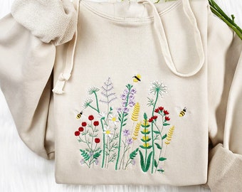 Wildflower With Honey Bee Embroidered Sweatshirt | Flower With Bee Embroidered Hoodie | Honey Bee T-shirt | Flower Crew Neck Sweatshirt