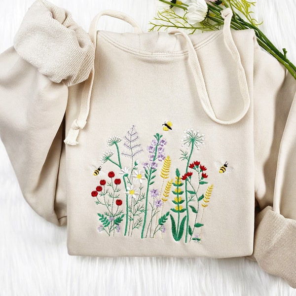 Wildflower With Honey Bee Embroidered Sweatshirt | Flower With Bee Embroidered Hoodie | Honey Bee T-shirt | Flower Crew Neck Sweatshirt
