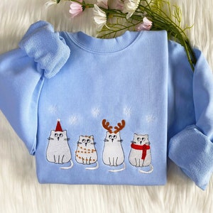 Cute Christmas Cat Embroidered Sweatshirt | Embroidered Funny Christmas Hoodie |Christmas Cute Cat Sweater | Cat Lover Crew Neck Sweatshirt