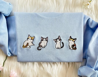 Embroidered Cat Sweatshirt | Cute Cartoon Heavy Cotton Crewneck