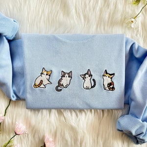 Geborduurd sweatshirt met vier schattige katten | Leuke geborduurde hoodie met cartoonkatten | T-shirt kattenliefhebber| Schattig geborduurd kattensweater met ronde hals
