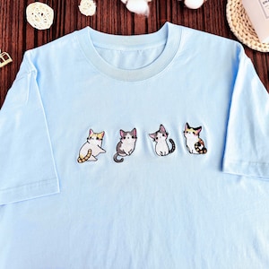 -shirt unisexe brodé de chats mignons | brodé de chats de dessin animé | T-shirt pour amoureux des chats| Sweat-shirt ras du cou avec de jolis chats brodés