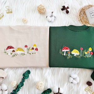 Cottage Core Mushroom Embroidered Sweatshirt | Botany Embroidered Hoodie | Embroidery T-shirt | Embroidered Mushroom Crew Neck Sweatshirt