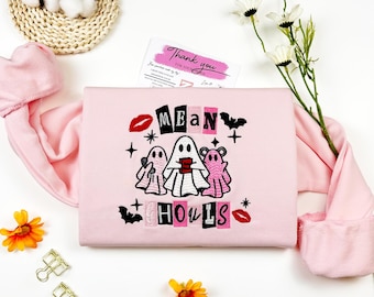 Broderad rosa Halloween-tröja: Elaka Ghouls Crewneck