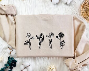 Sweatshirt met geborduurde bloemen geboortemaand: gepersonaliseerd unisex katoencadeau