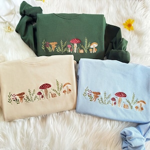 Embroidered Mushroom Sweatshirt | Botany Embroidered Hoodie | Cottage Core Embroidery T-shirt | Embroidered Mushroom Crew Neck Sweatshirt