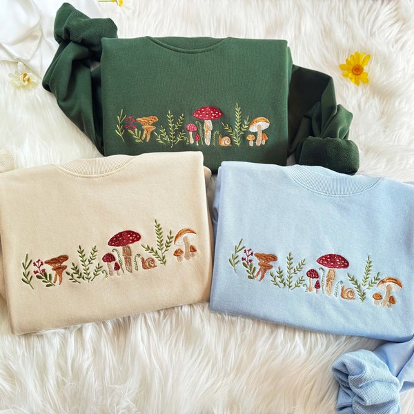 Embroidered Mushroom Sweatshirt | Botany Embroidered Hoodie | Cottage Core Embroidery T-shirt | Embroidered Mushroom Crew Neck Sweatshirt