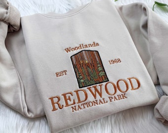 Sweat-shirt brodé Redwood National Park, sweat à capuche brodé Woodland, t-shirt California brodé, sweat-shirt col rond forêt