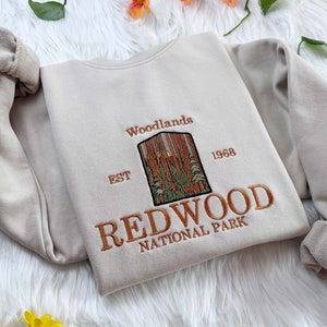 Embroidered Redwood National Park Sweatshirt, Woodland Embroidered Hoodie, Embroidered California T-shirt, Forest Crew Neck Sweatshirt