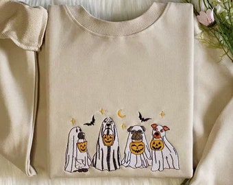 Halloween Ghost Dog Embroidered Sweatshirt | Embroidered Ghost Dogs Halloween Sweatshirt | Embroidered Ghost Dogs Halloween Hoodie