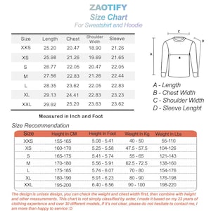 Op de afbeelding: Maattabel voor sweatshirts en hoodies met metingen in inches en voet. De tabel bevat maat, lengte, borst, schouderbreedte en mouwlengte. Het bevat ook een maatadviestabel met de lengte in centimeters en voet, het gewicht in kilogram en pond.