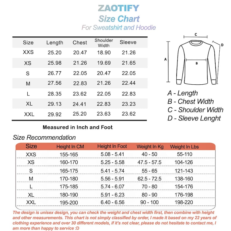 Op de afbeelding: Maattabel voor sweatshirts en hoodies met metingen in inches en voet. De tabel bevat maat, lengte, borst, schouderbreedte en mouwlengte. Het bevat ook een maatadviestabel met de lengte in centimeters en voet, het gewicht in kilogram en pond.