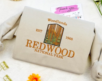 Embroidered Redwood National Park Sweatshirt, Woodland Embroidered Hoodie, Embroidered California T-shirt, Forest Crew Neck Sweatshirt