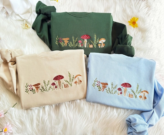 Embroidered Mushroom Sweatshirt: Cottagecore Botany Crewneck, 100% Cotton Unisex Sweatshirt