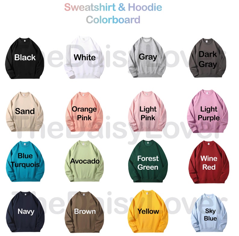 May include: Colourboard displaying 16 different sweatshirt and hoodie colours. The colours include black, white, grey, dark grey, sand, orange pink, light pink, light purple, blue turquoise, avocado, forest green, wine red, navy, brown, yellow, and sky blue.