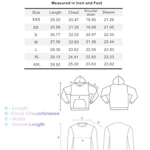 May include: Size chart for sweatshirts and hoodies, showing measurements in inches for length, chest, shoulder width, and sleeve length. Sizes range from XXS to XXL.