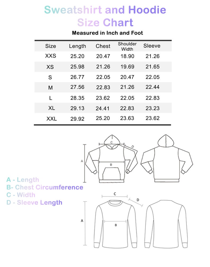 May include: Size chart for sweatshirts and hoodies, showing measurements in inches for length, chest, shoulder width, and sleeve length. Sizes range from XXS to XXL.
