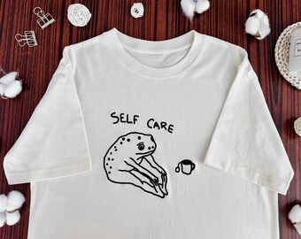 Embroidered Self Care Frog T-shirt: Funny Retro Cottagecore Tee